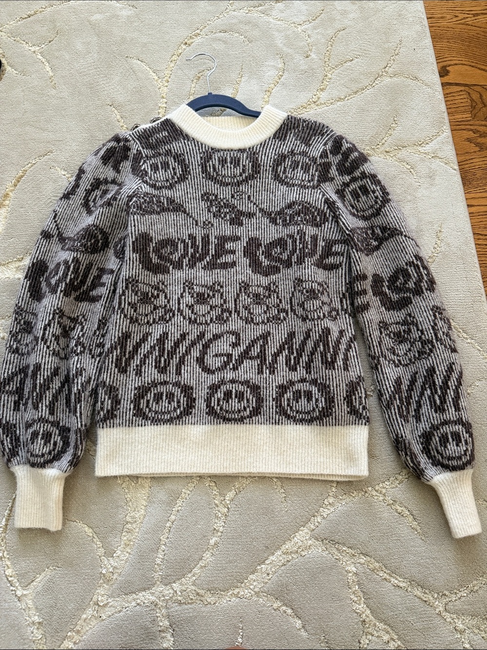 Ganni Cream and Brown Graphic Knit Crewneck Sweater